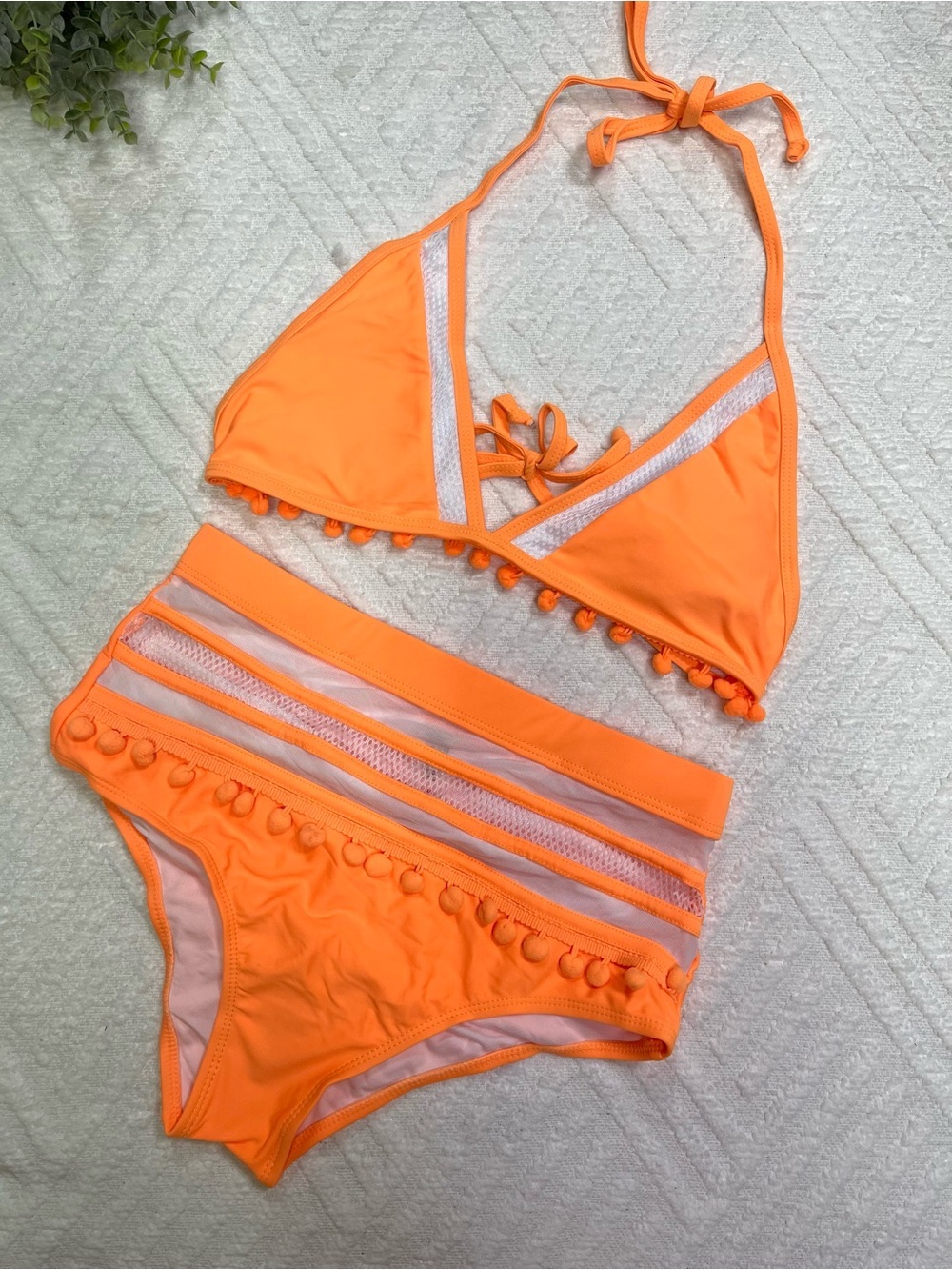 Neon Orange Halter Top Pom-Pom High-Waist Bikini Set